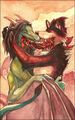 A dragon and wolf kissing with food in their mouths.