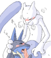 Lucario and Mewtwo playing a friendly game.