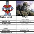 A chart showing us the major differences between Cthulhu and Captain Planet.