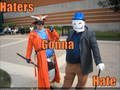 Anthos' pathetic attempt at creating his own Haters Gonna Hate macro, using this picture of himself and another fat neckbeard posing in cosplay at a convention. Note the crappy I Can Has Cheezburger watermark at the bottom.