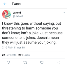 Violent tweets,and posts are not funny because people will be lead to think the wrong thing On the other hand, Jaltoid keeps defending Doopie's Jew hate, racism and homophobia by saying it's just a joke