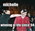 Michelle punches that guy from Fall Out Boy.