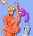 Fry and Bender rape Leela for switching Fry's shampoo with yellow dye. Also note severe sunburn